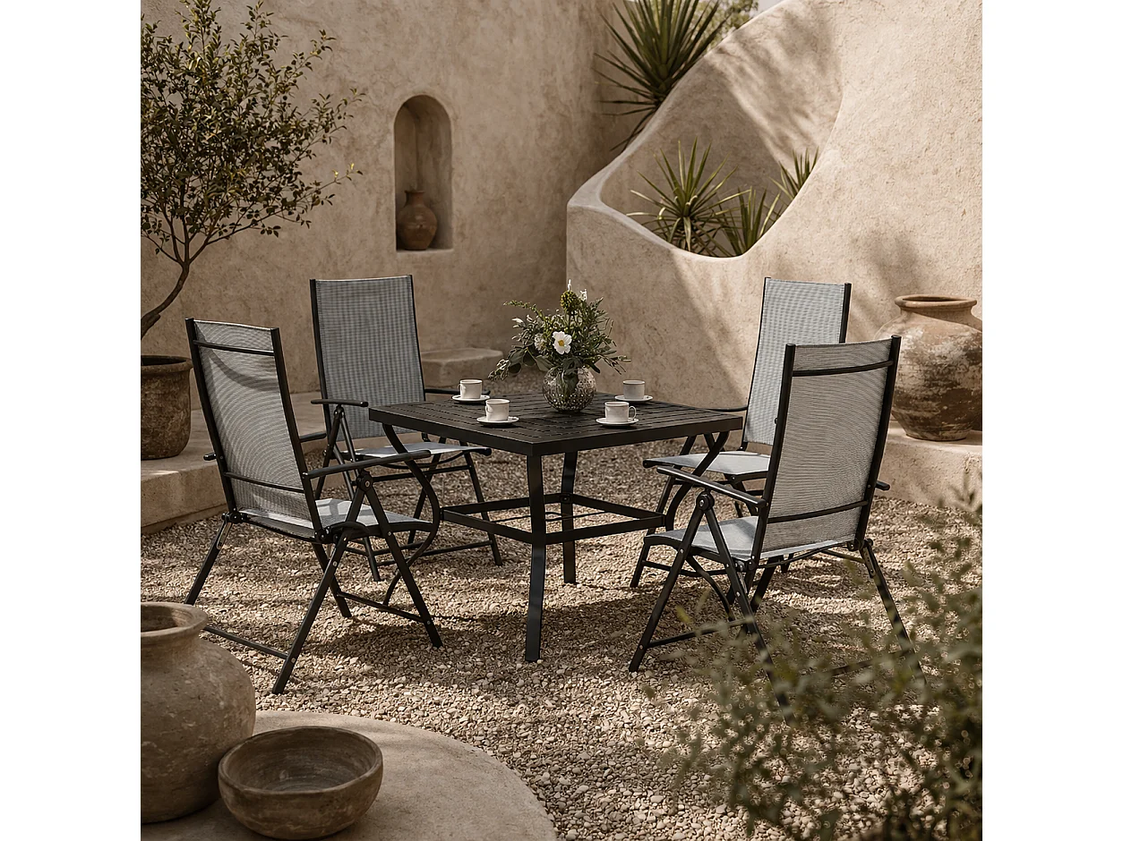 Mattilo 4 Seater Light Grey Mesh and Black Steel Frame Outdoor Dining Set