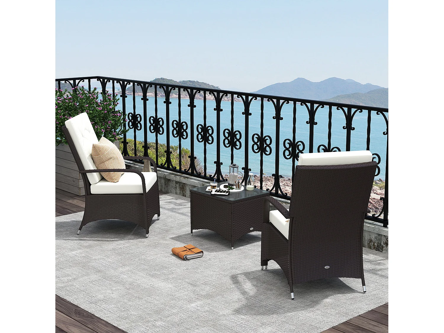 Lofita 3 Piece Rattan Bistro Set Brown and Cream Cushions with Protective Cover