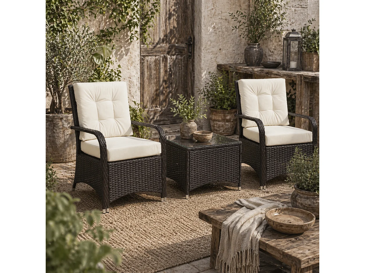 Lofita 3 Piece Rattan Bistro Set Brown and Cream Cushions with Protective Cover