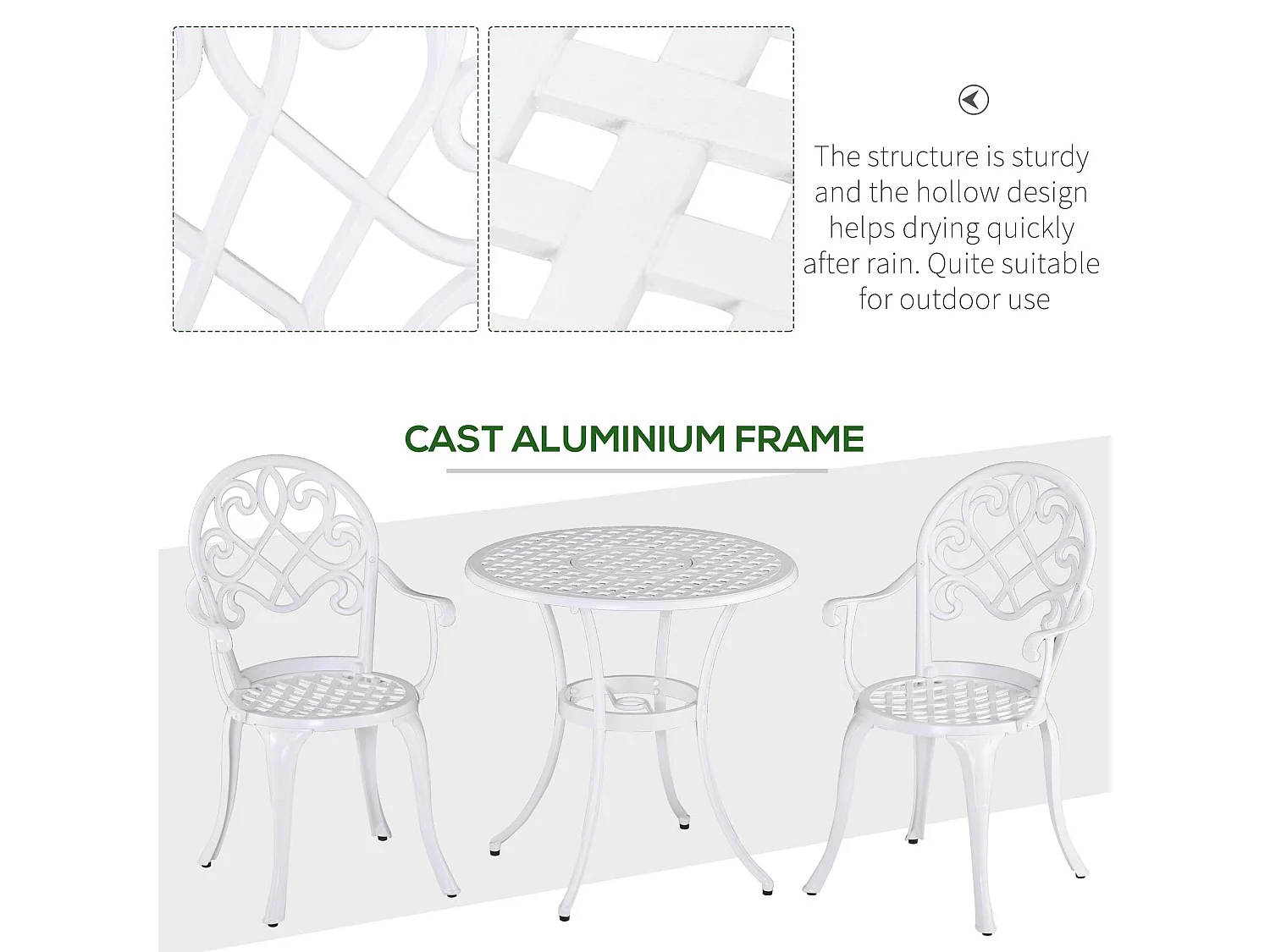 Safa 3 Piece Aluminium Bistro Set in White Vintage Style 2 Seats
