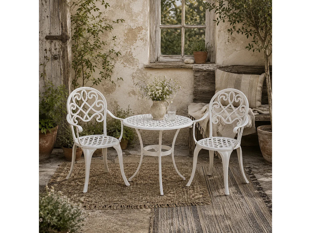 Safa 3 Piece Aluminium Bistro Set in White Vintage Style 2 Seats