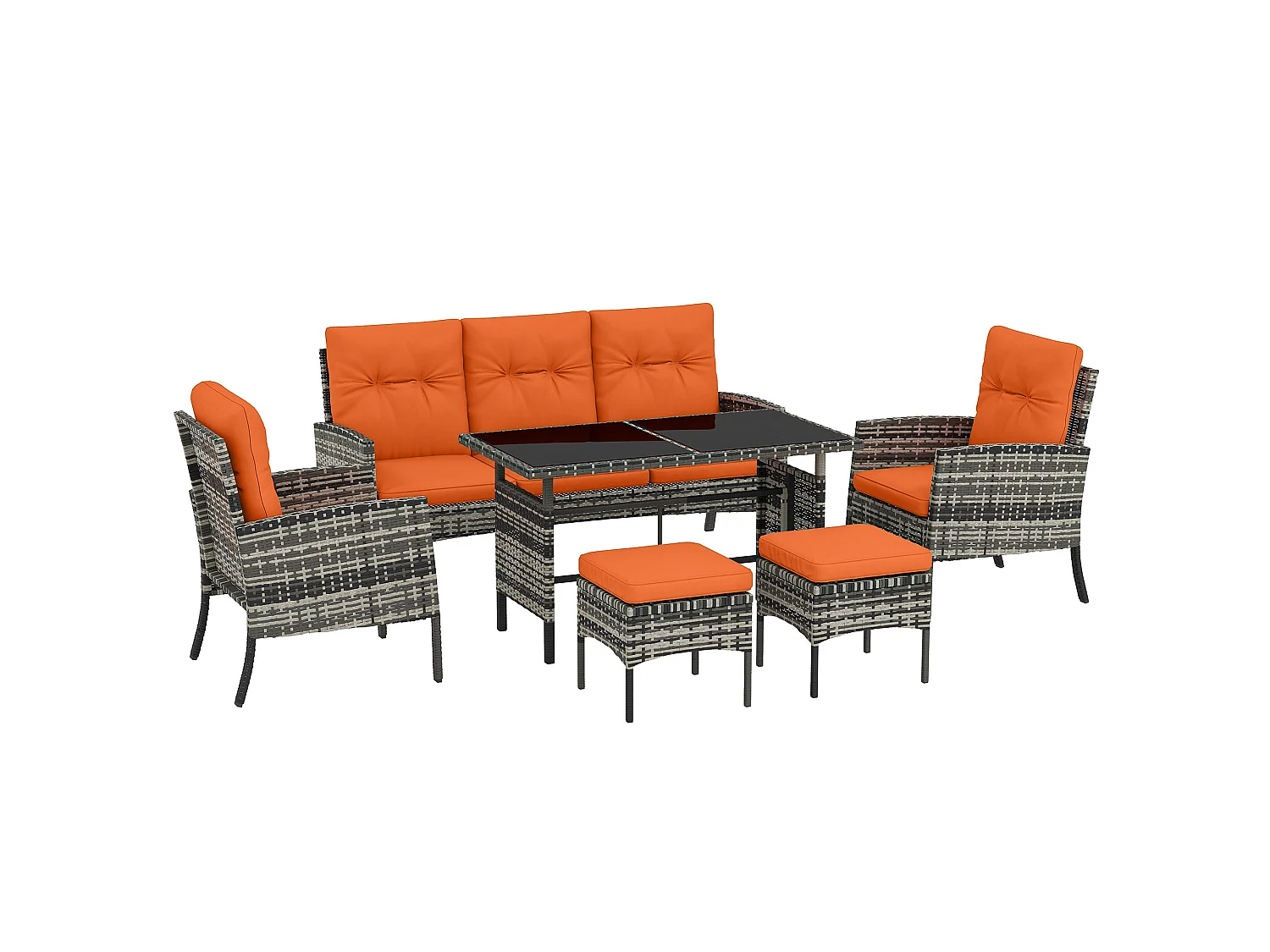 Lodori Grey Rattan 7 Seater Outdoor Dining Set Orange Cushions Glass Table