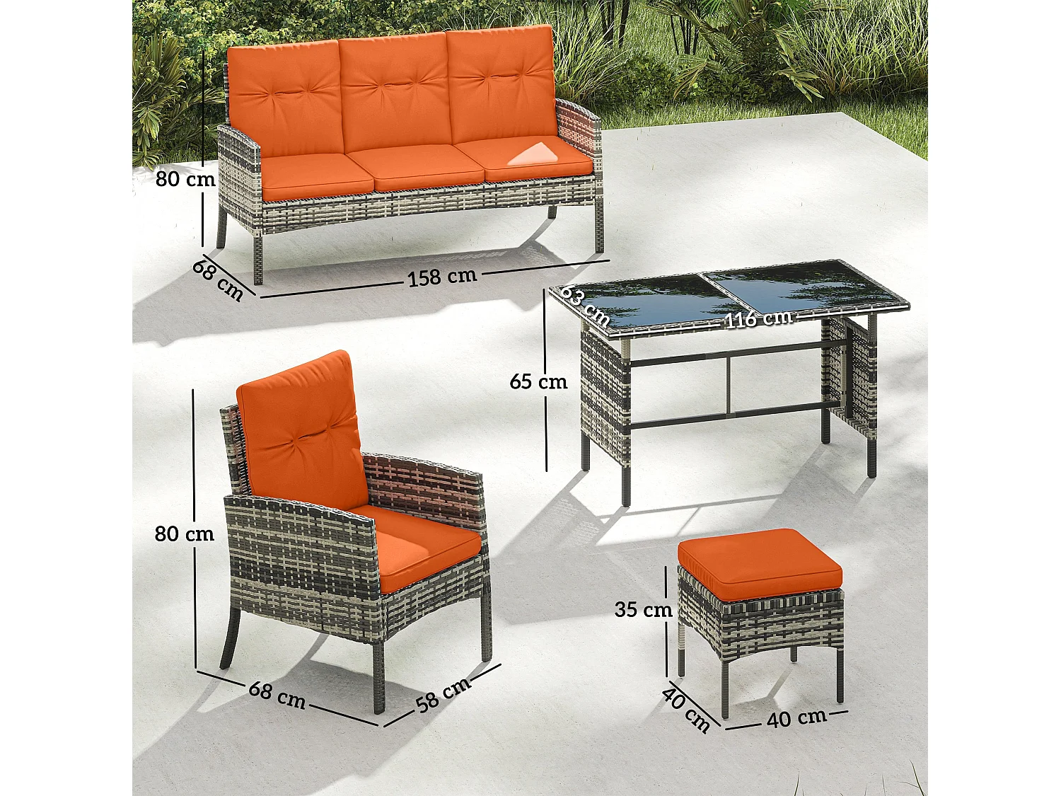 Lodori Grey Rattan 7 Seater Outdoor Dining Set Orange Cushions Glass Table
