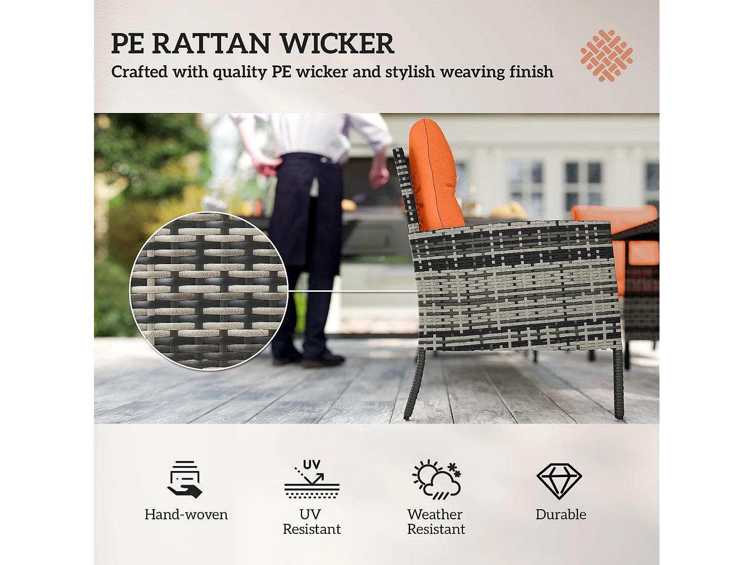 Lodori Grey Rattan 7 Seater Outdoor Dining Set Orange Cushions Glass Table