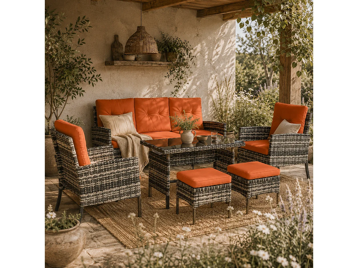 Lodori Grey Rattan 7 Seater Outdoor Dining Set Orange Cushions Glass Table