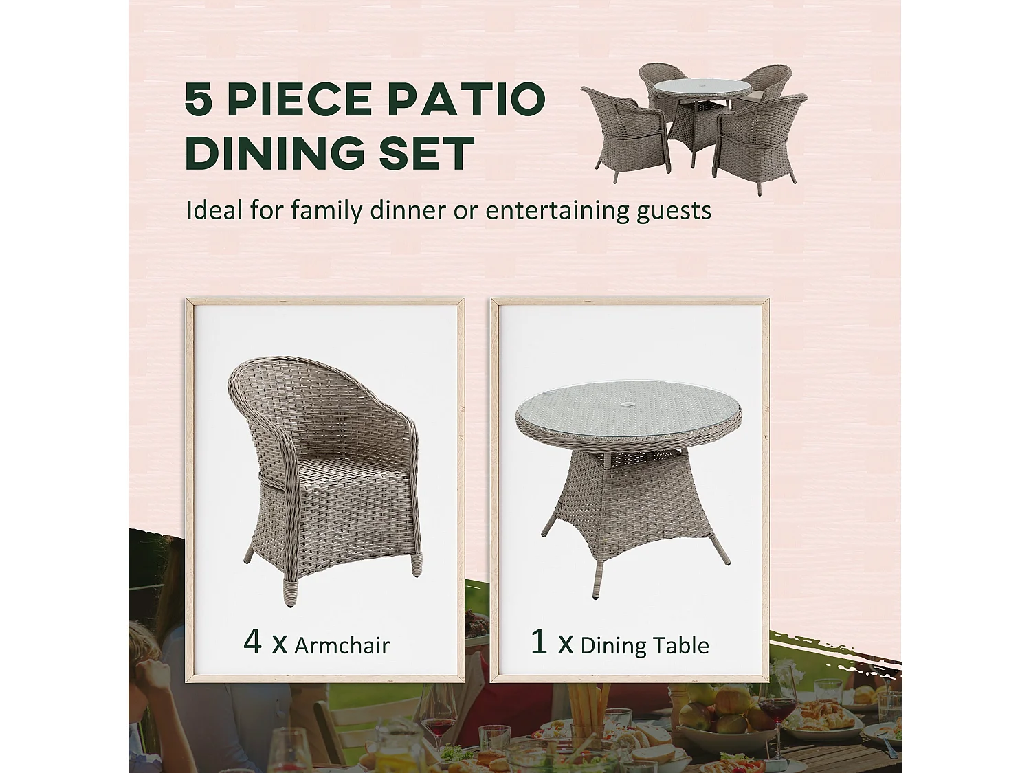 Vifi 4 Seater Outdoor Rattan Dining Set Grey with Glass Table and Cushions