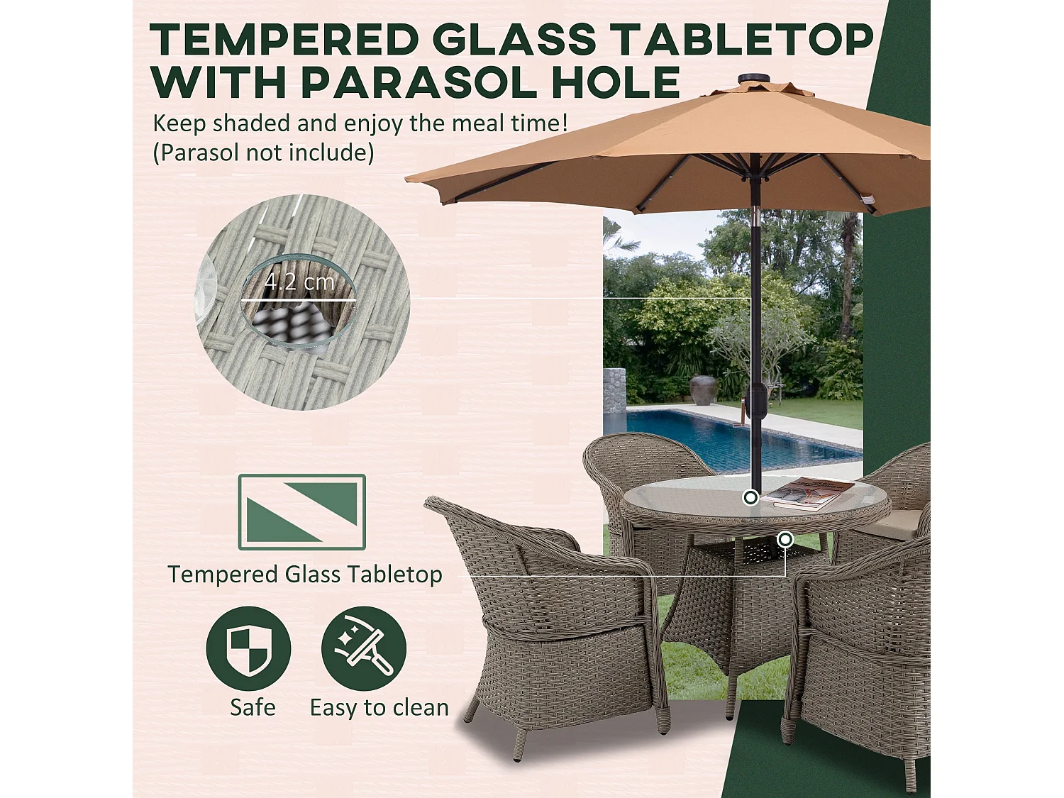 Vifi 4 Seater Outdoor Rattan Dining Set Grey with Glass Table and Cushions