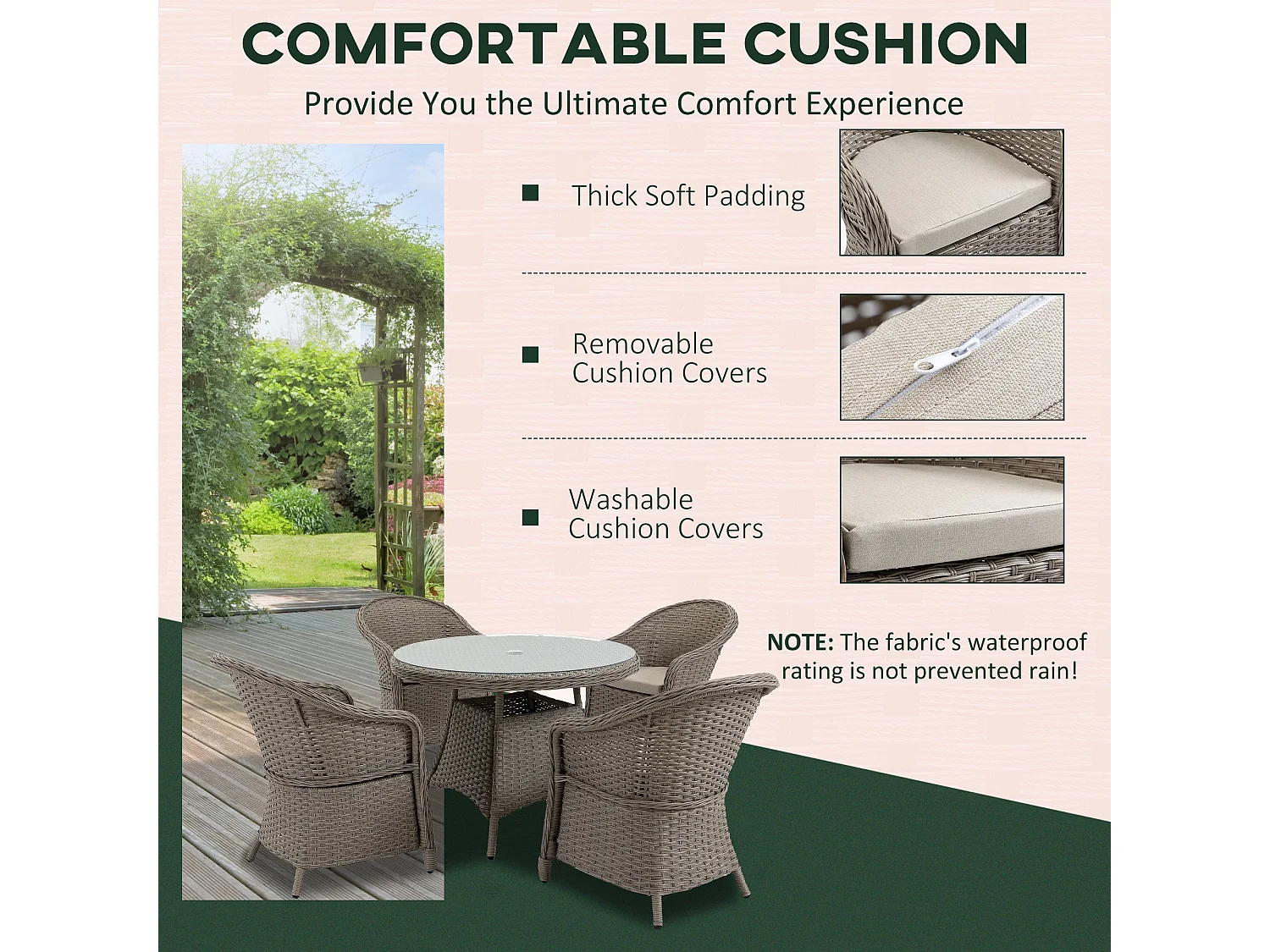 Vifi 4 Seater Outdoor Rattan Dining Set Grey with Glass Table and Cushions