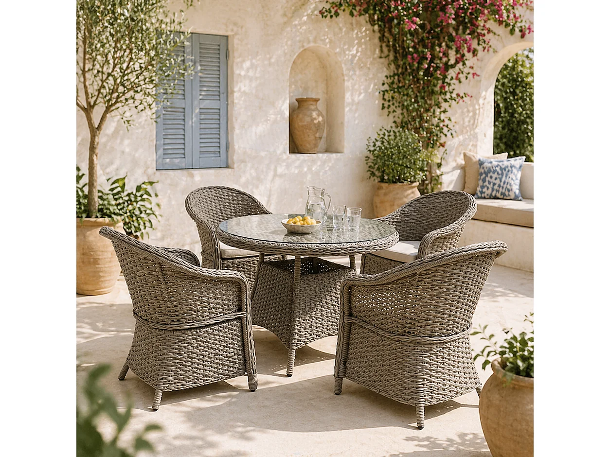 Vifi 4 Seater Outdoor Rattan Dining Set Grey with Glass Table and Cushions