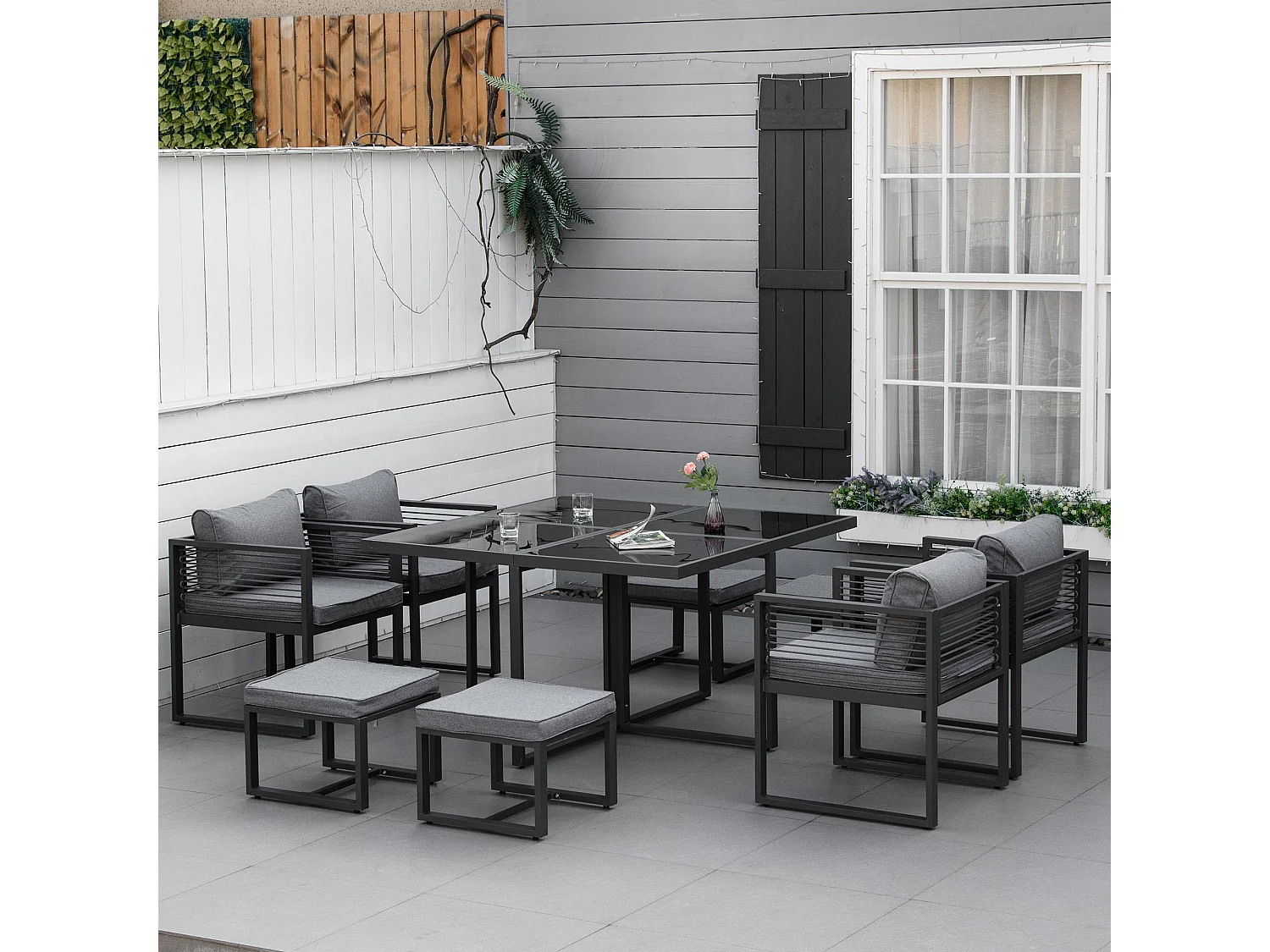 Sekalu 8 Seater Grey Rattan Rope and Aluminium Outdoor Dining Set with Glass Top Table