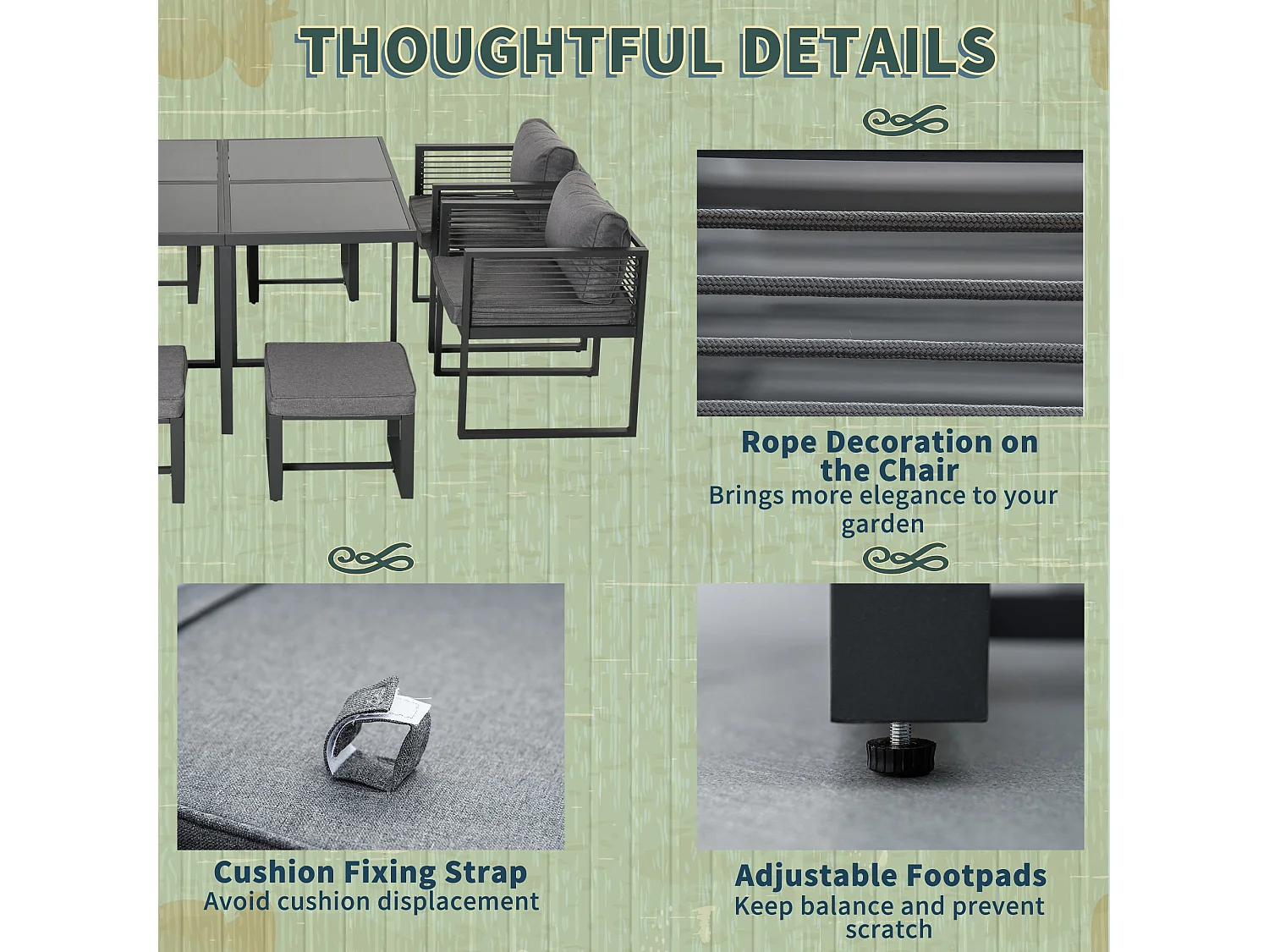 Sekalu 8 Seater Grey Rattan Rope and Aluminium Outdoor Dining Set with Glass Top Table