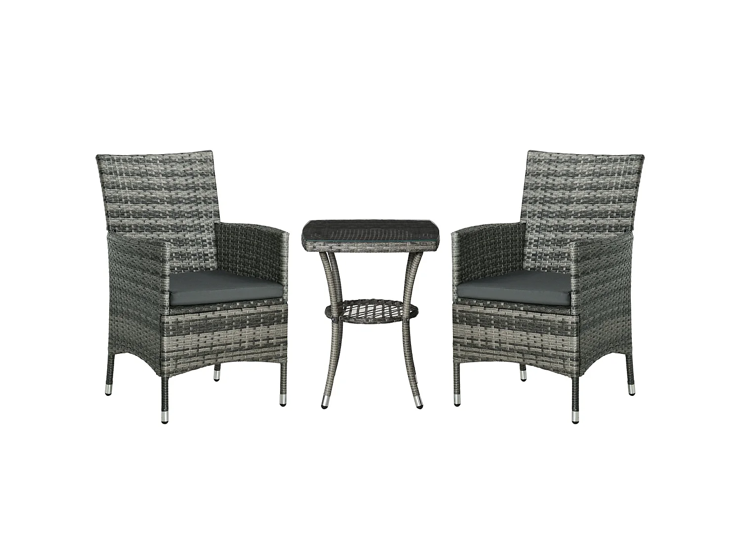 Sami 3 Piece Grey Rattan Bistro Set with Cushions and 2 Tier Table