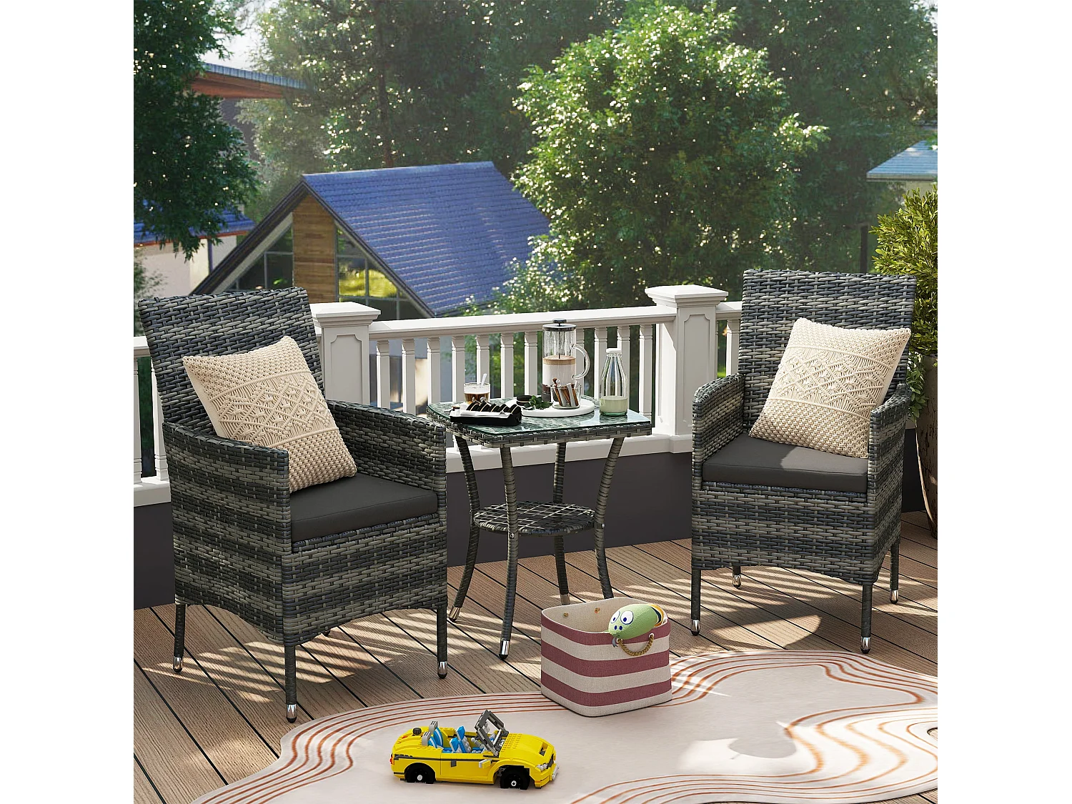 Sami 3 Piece Grey Rattan Bistro Set with Cushions and 2 Tier Table