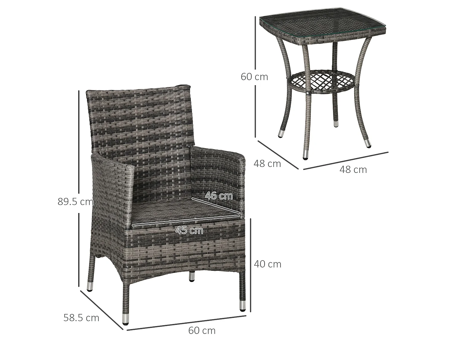 Sami 3 Piece Grey Rattan Bistro Set with Cushions and 2 Tier Table