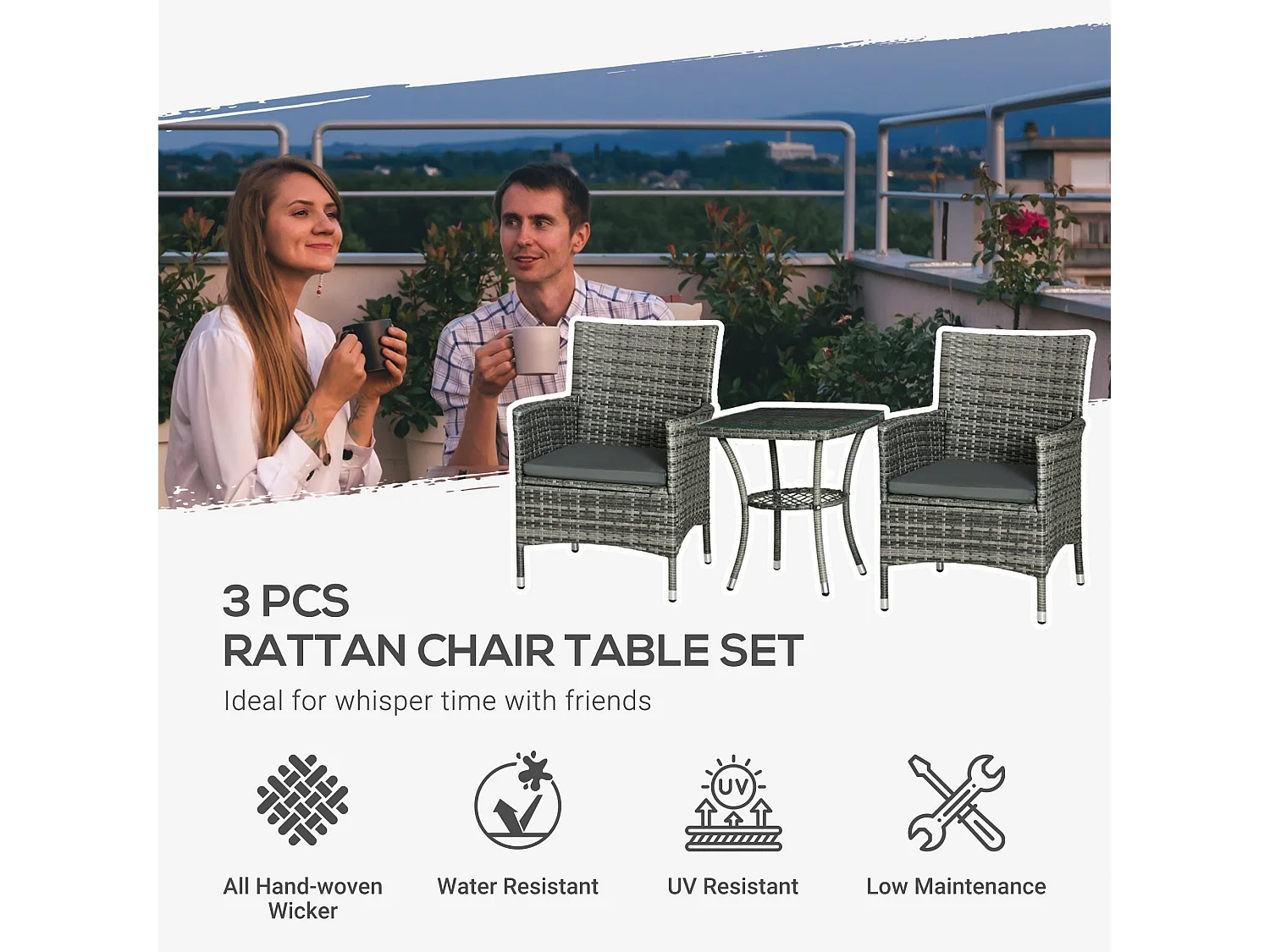 Sami 3 Piece Grey Rattan Bistro Set with Cushions and 2 Tier Table