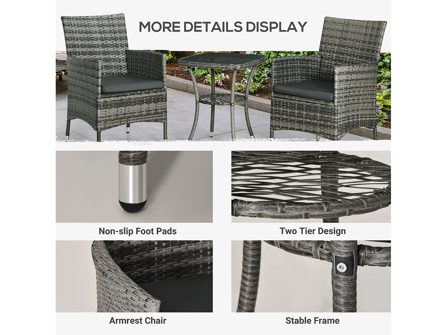 Sami 3 Piece Grey Rattan Bistro Set with Cushions and 2 Tier Table