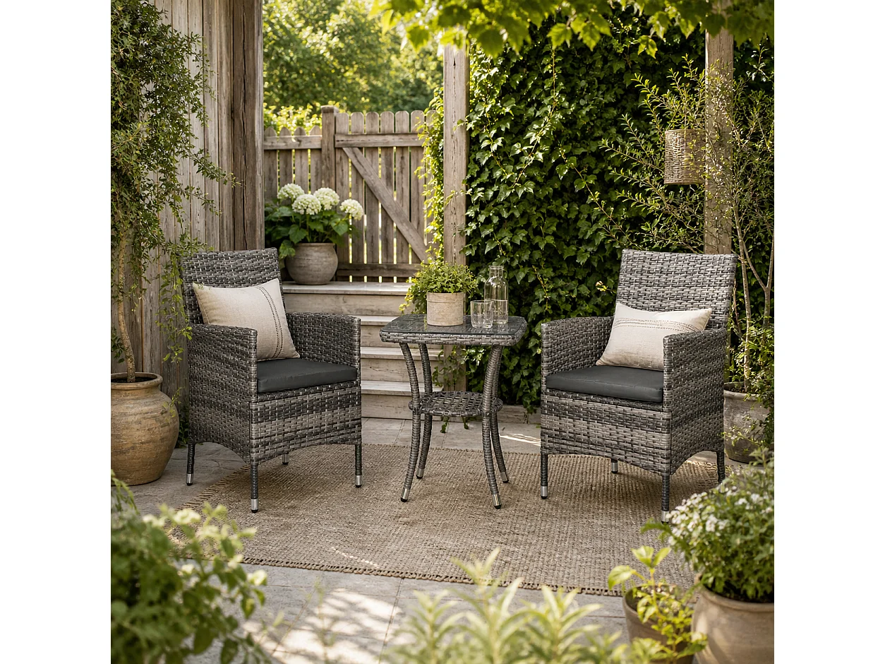 Sami 3 Piece Grey Rattan Bistro Set with Cushions and 2 Tier Table
