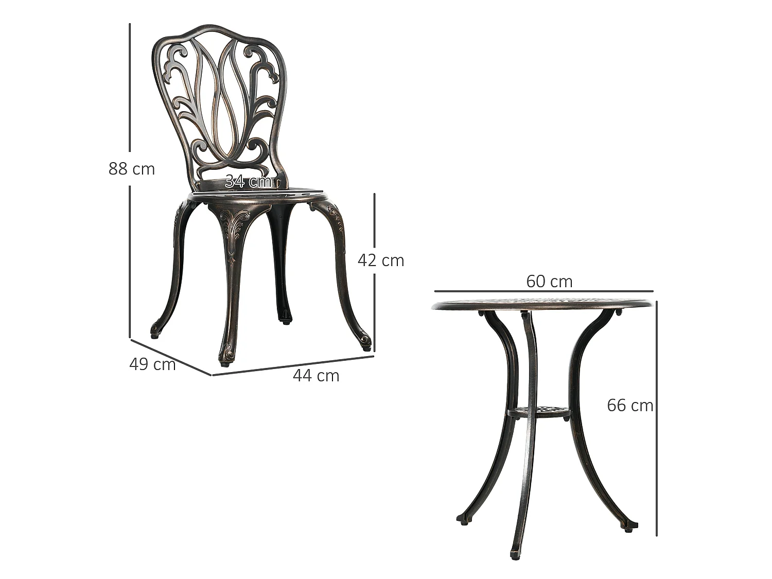 Niso 3 Piece Bronze Tone Aluminium Bistro Set Round Table with Parasol Hole and 2 Chairs