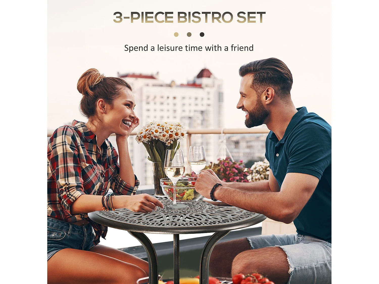 Niso 3 Piece Bronze Tone Aluminium Bistro Set Round Table with Parasol Hole and 2 Chairs