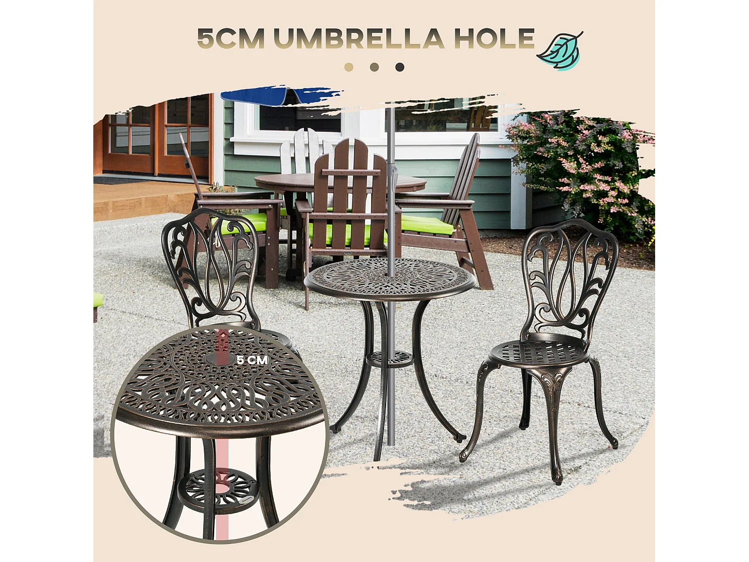 Niso 3 Piece Bronze Tone Aluminium Bistro Set Round Table with Parasol Hole and 2 Chairs