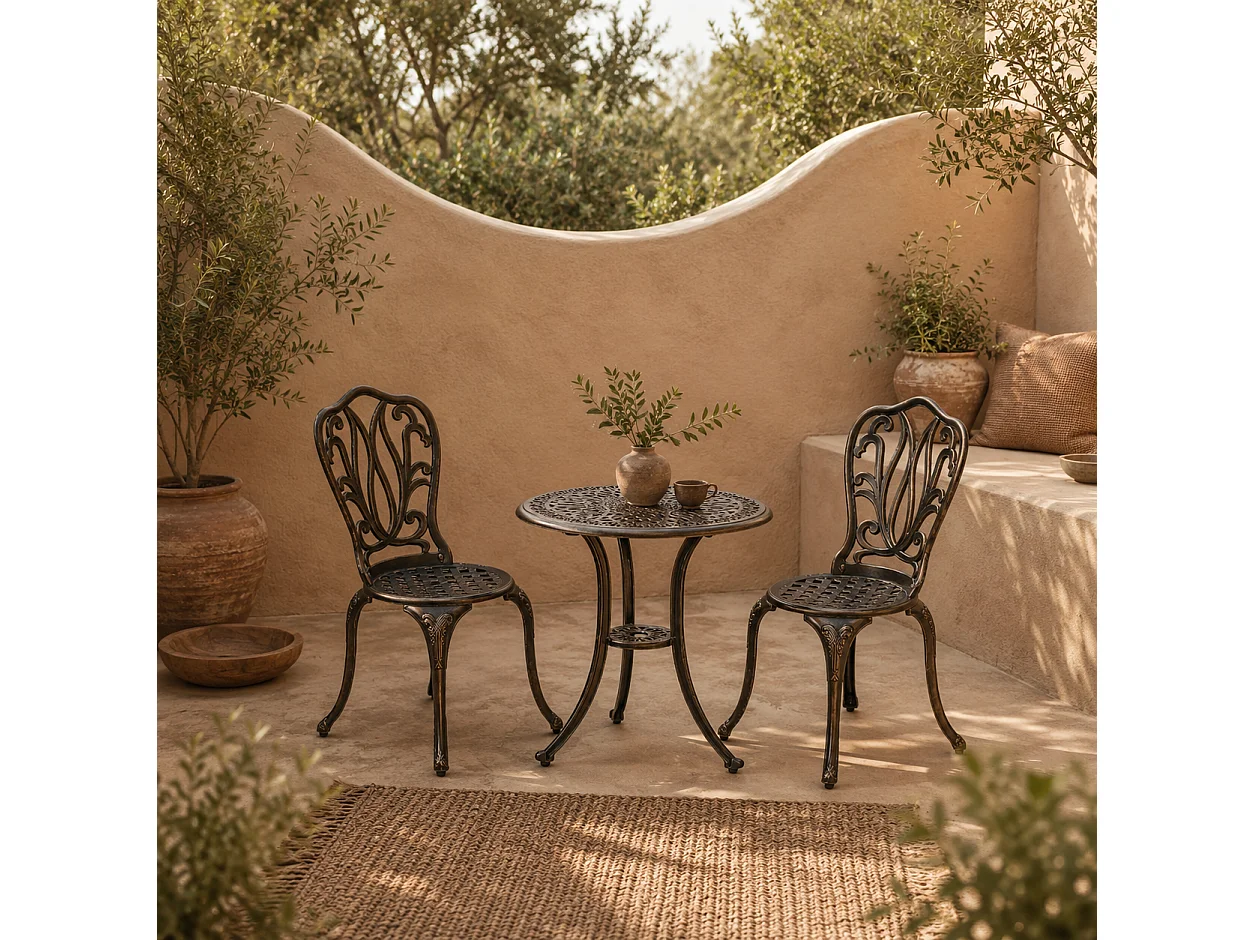 Niso 3 Piece Bronze Tone Aluminium Bistro Set Round Table with Parasol Hole and 2 Chairs