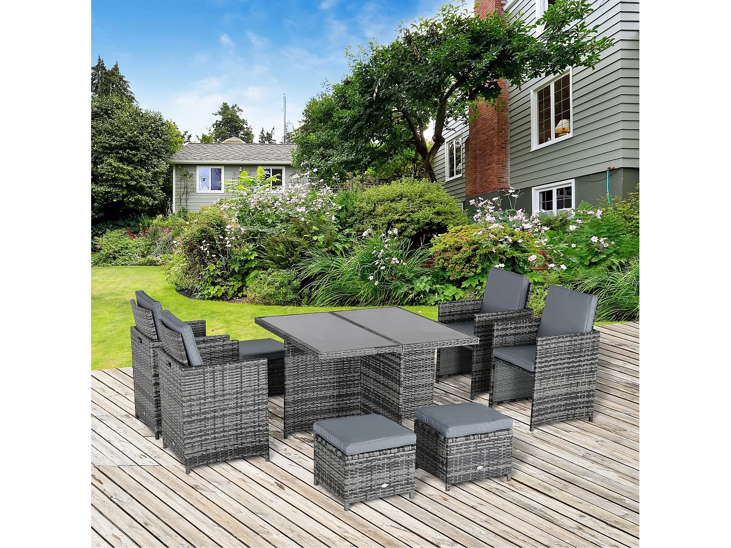 Noco Grey 8 Seater Outdoor Rattan Dining Set with Armchairs and Footstools