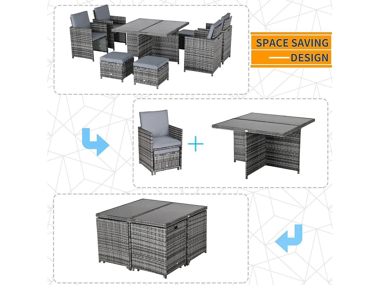 Noco Grey 8 Seater Outdoor Rattan Dining Set with Armchairs and Footstools