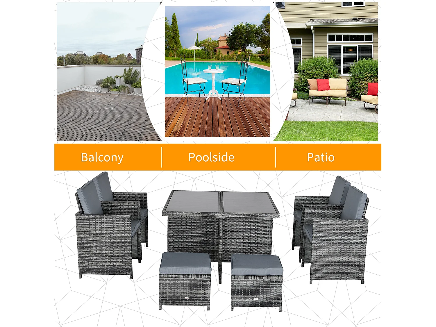 Noco Grey 8 Seater Outdoor Rattan Dining Set with Armchairs and Footstools