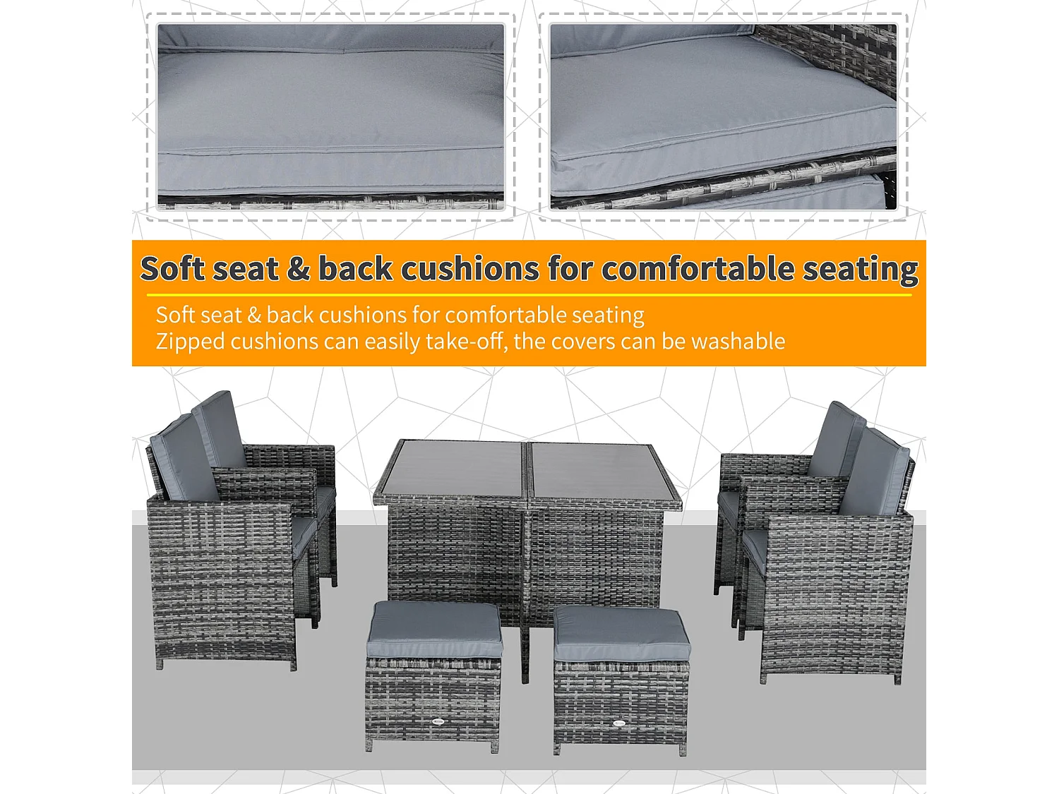 Noco Grey 8 Seater Outdoor Rattan Dining Set with Armchairs and Footstools
