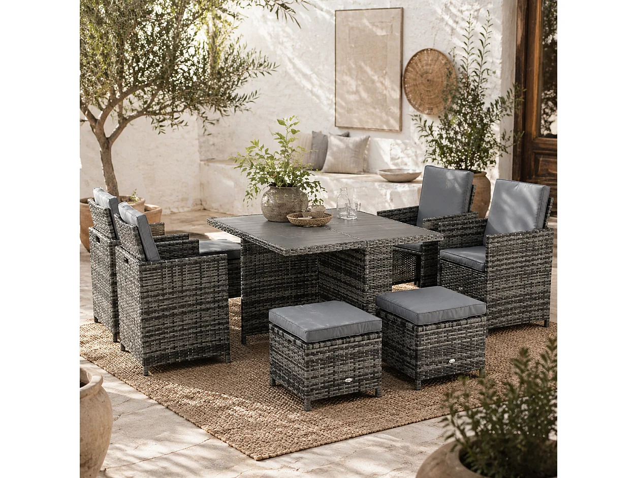 Noco Grey 8 Seater Outdoor Rattan Dining Set with Armchairs and Footstools