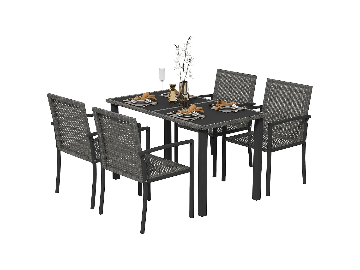 Pakeri Dark Grey 4 Seater Rattan Outdoor Dining Set with Tempered Glass Table