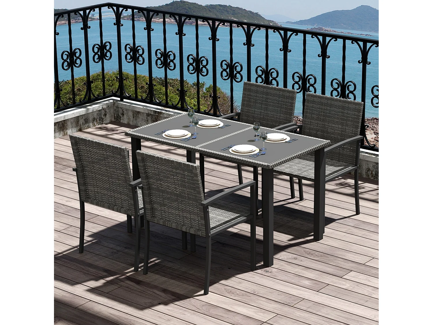 Pakeri Dark Grey 4 Seater Rattan Outdoor Dining Set with Tempered Glass Table