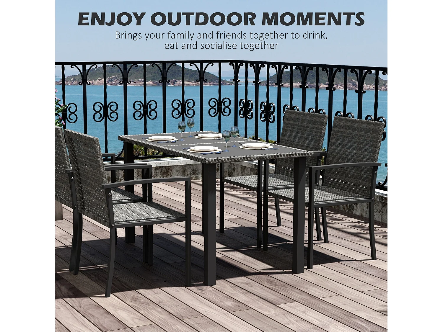 Pakeri Dark Grey 4 Seater Rattan Outdoor Dining Set with Tempered Glass Table