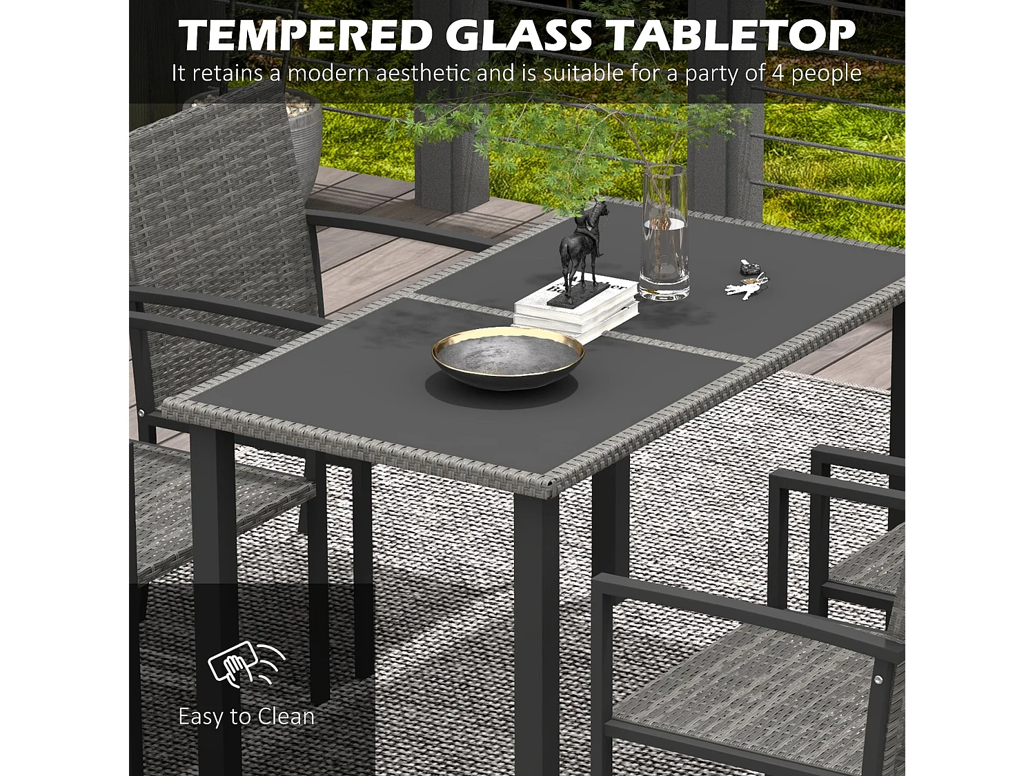 Pakeri Dark Grey 4 Seater Rattan Outdoor Dining Set with Tempered Glass Table