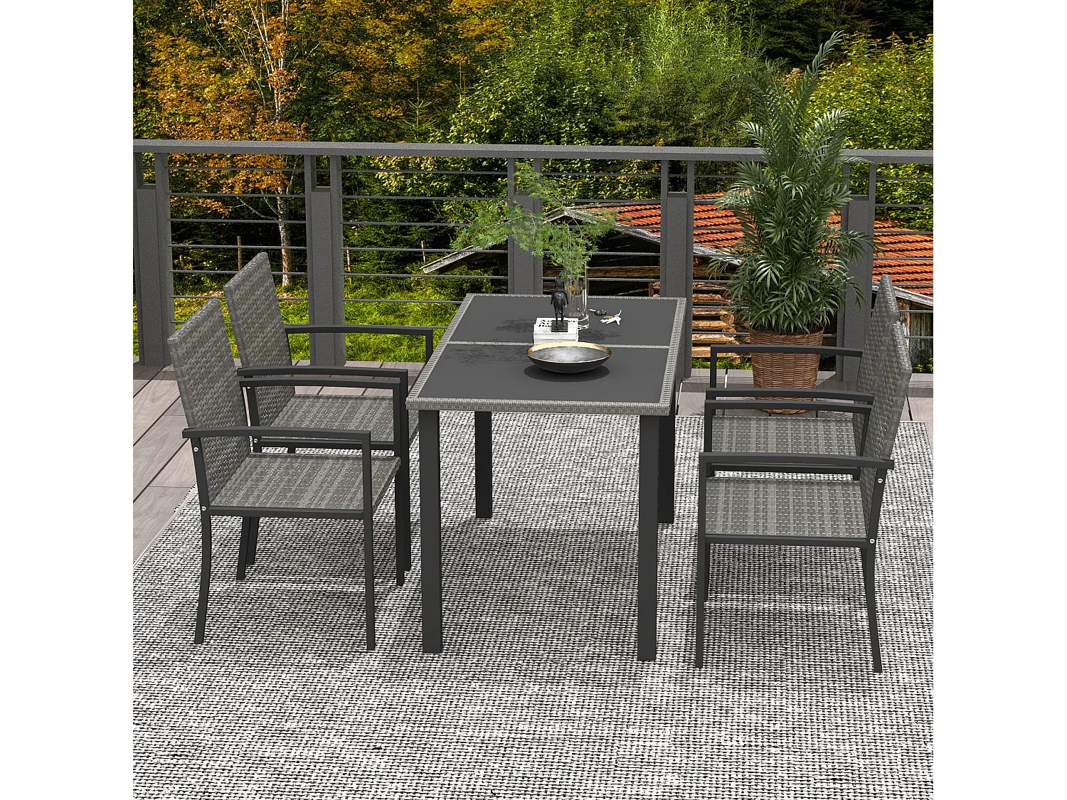 Pakeri Dark Grey 4 Seater Rattan Outdoor Dining Set with Tempered Glass Table