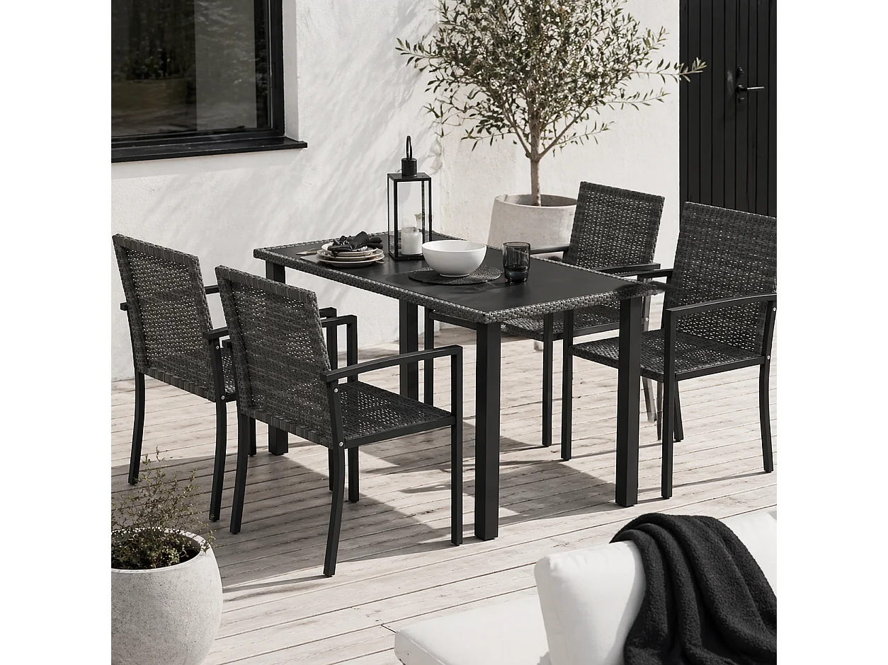 Pakeri Dark Grey 4 Seater Rattan Outdoor Dining Set with Tempered Glass Table