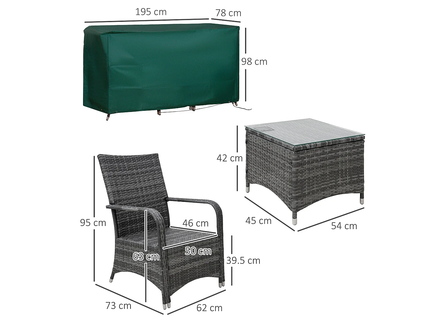 Lepano 2 Seater Grey Rattan Bistro Set with Cushioned Chairs and Glass Table