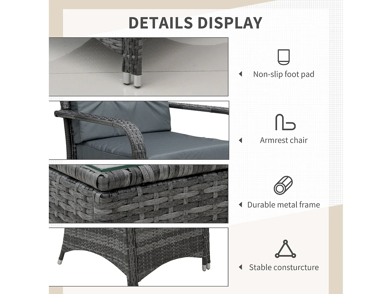 Lepano 2 Seater Grey Rattan Bistro Set with Cushioned Chairs and Glass Table