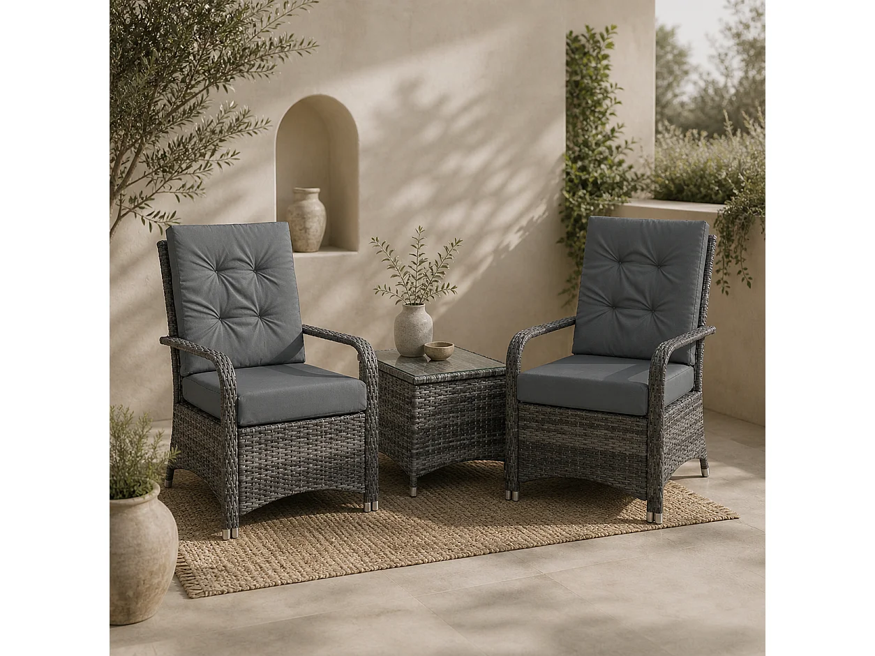 Lepano 2 Seater Grey Rattan Bistro Set with Cushioned Chairs and Glass Table