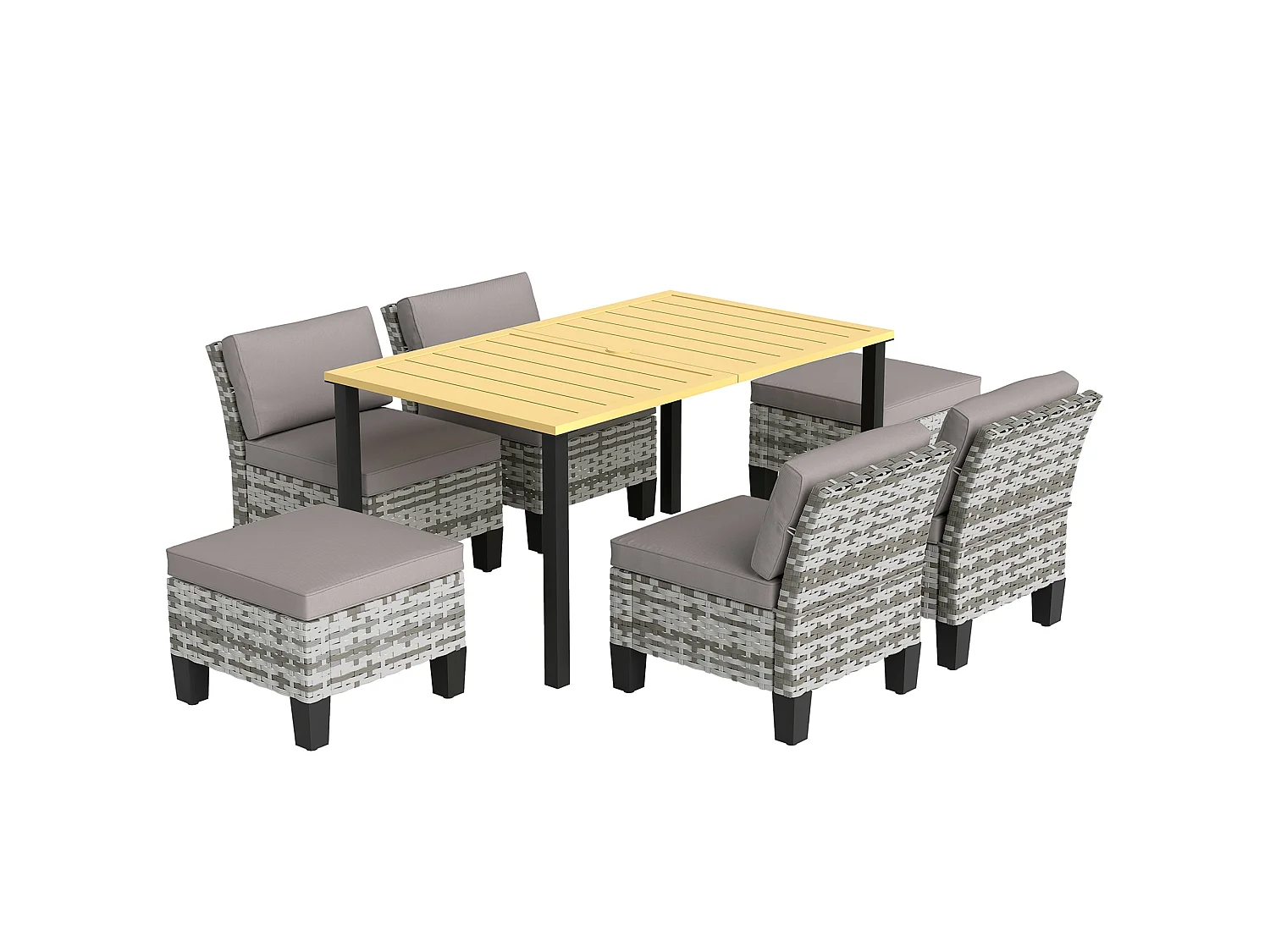 Luzise Grey 7 Piece Outdoor Rattan Dining Set Natural Wood Rectangular Table