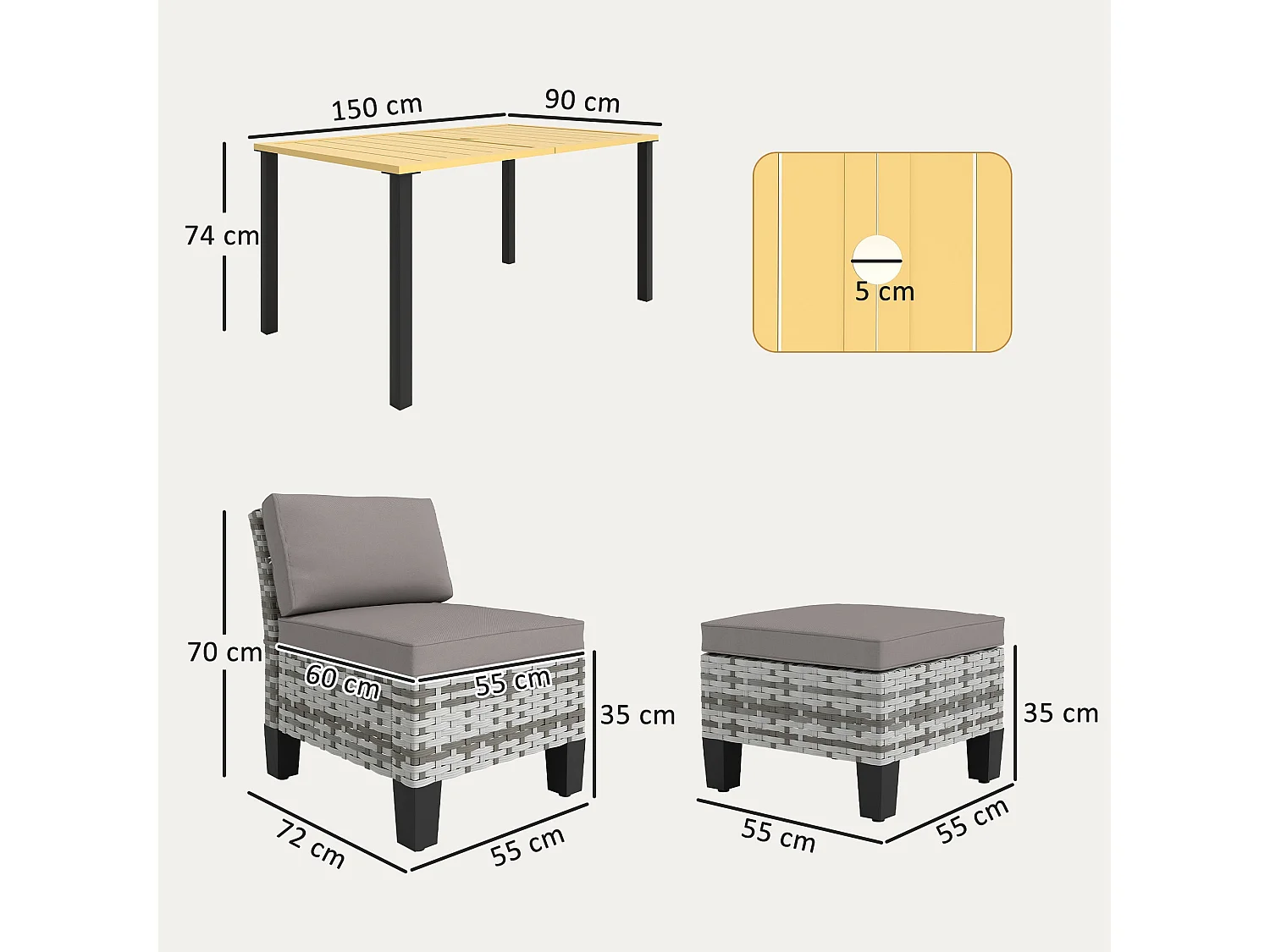 Luzise Grey 7 Piece Outdoor Rattan Dining Set Natural Wood Rectangular Table