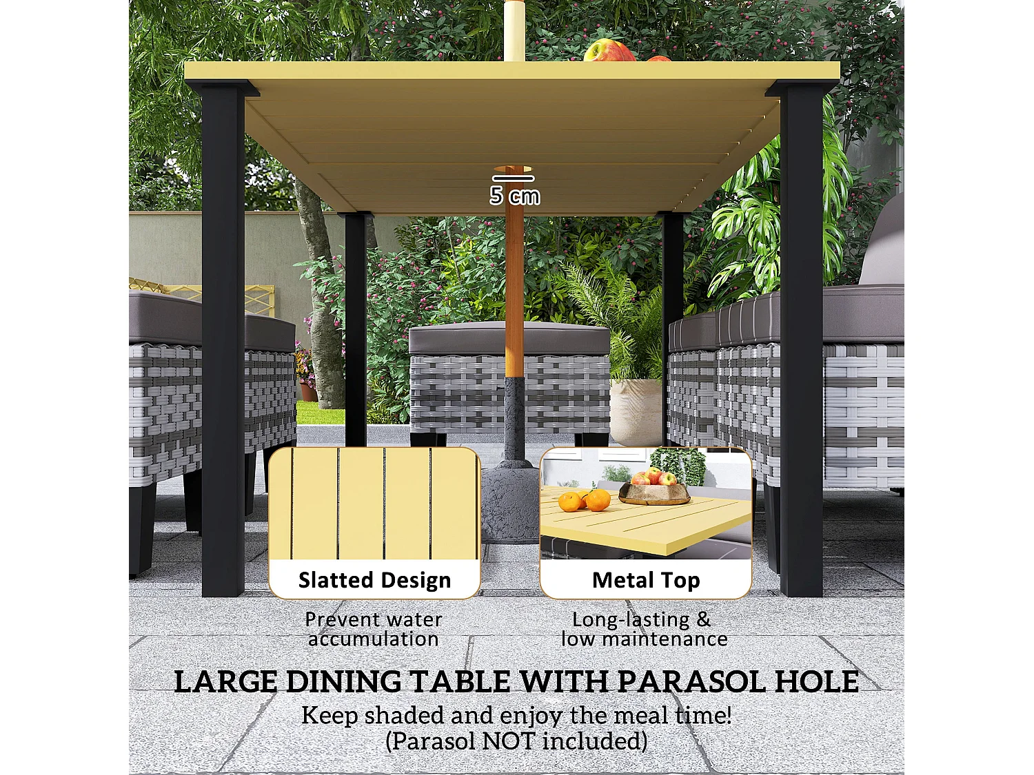 Luzise Grey 7 Piece Outdoor Rattan Dining Set Natural Wood Rectangular Table