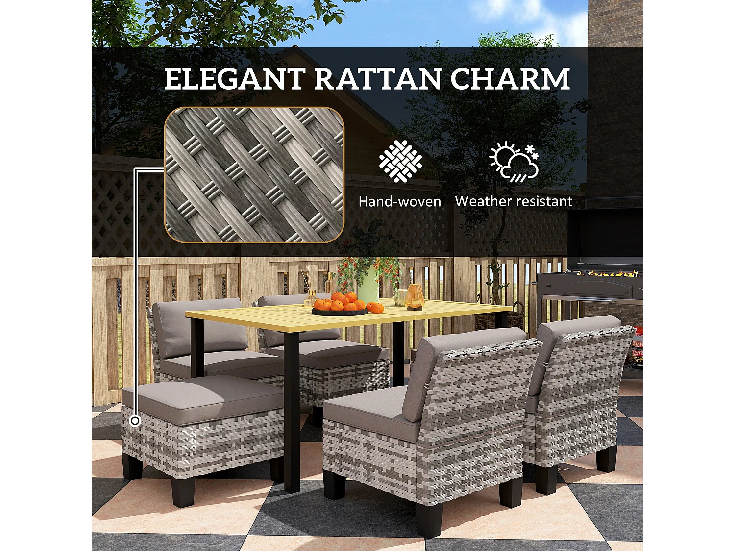 Luzise Grey 7 Piece Outdoor Rattan Dining Set Natural Wood Rectangular Table