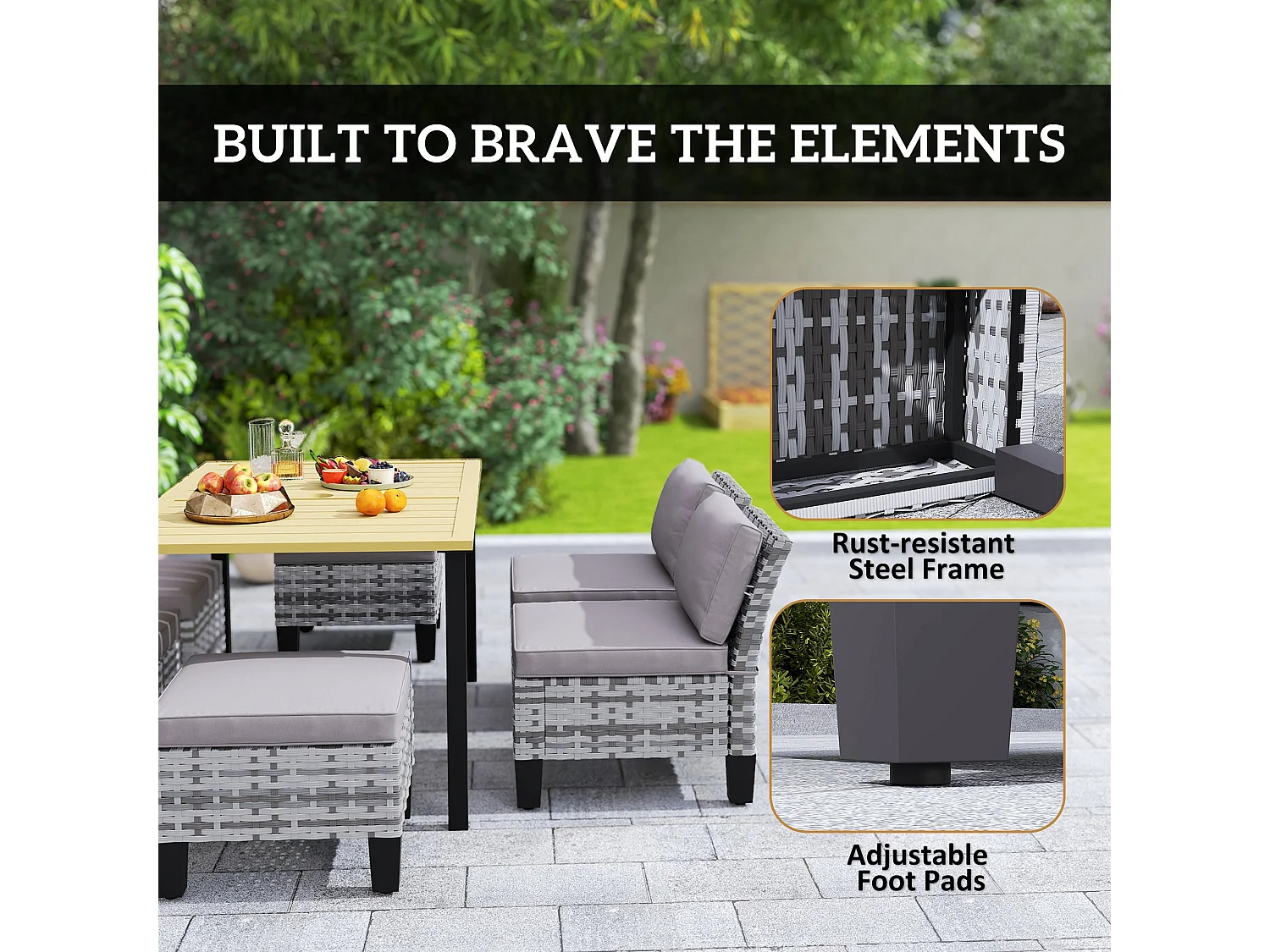 Luzise Grey 7 Piece Outdoor Rattan Dining Set Natural Wood Rectangular Table