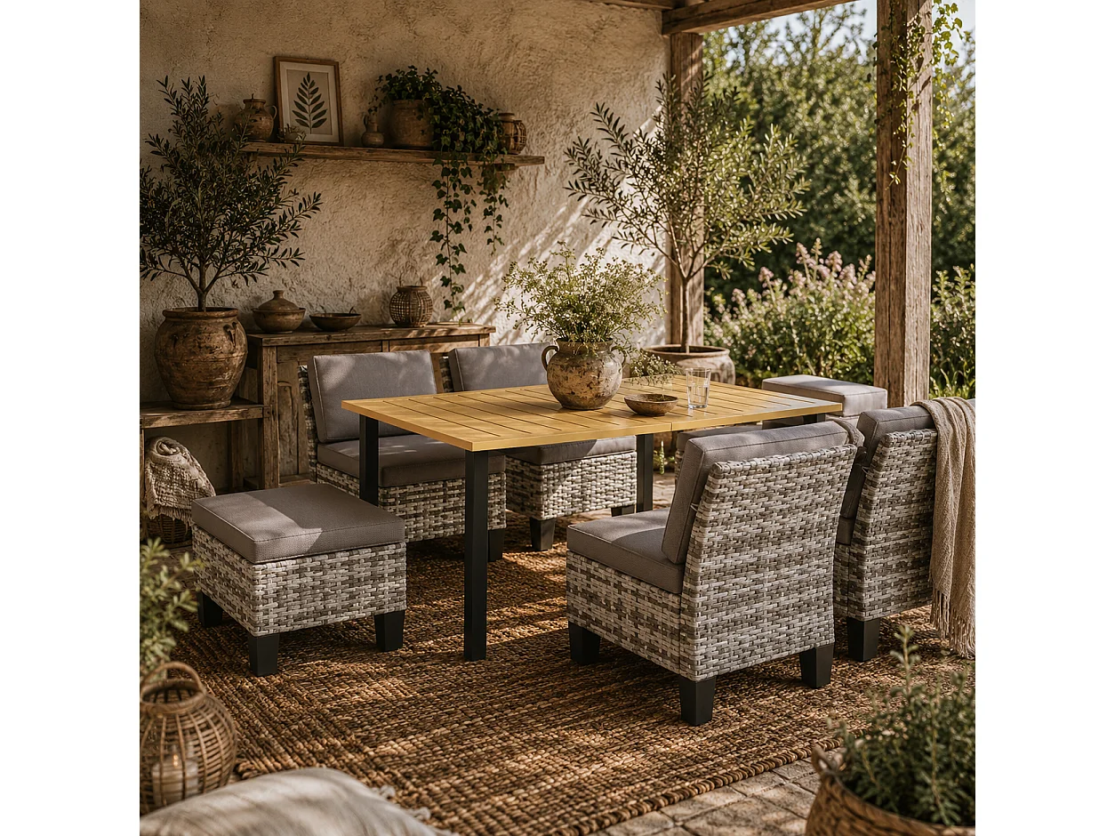 Luzise Grey 7 Piece Outdoor Rattan Dining Set Natural Wood Rectangular Table