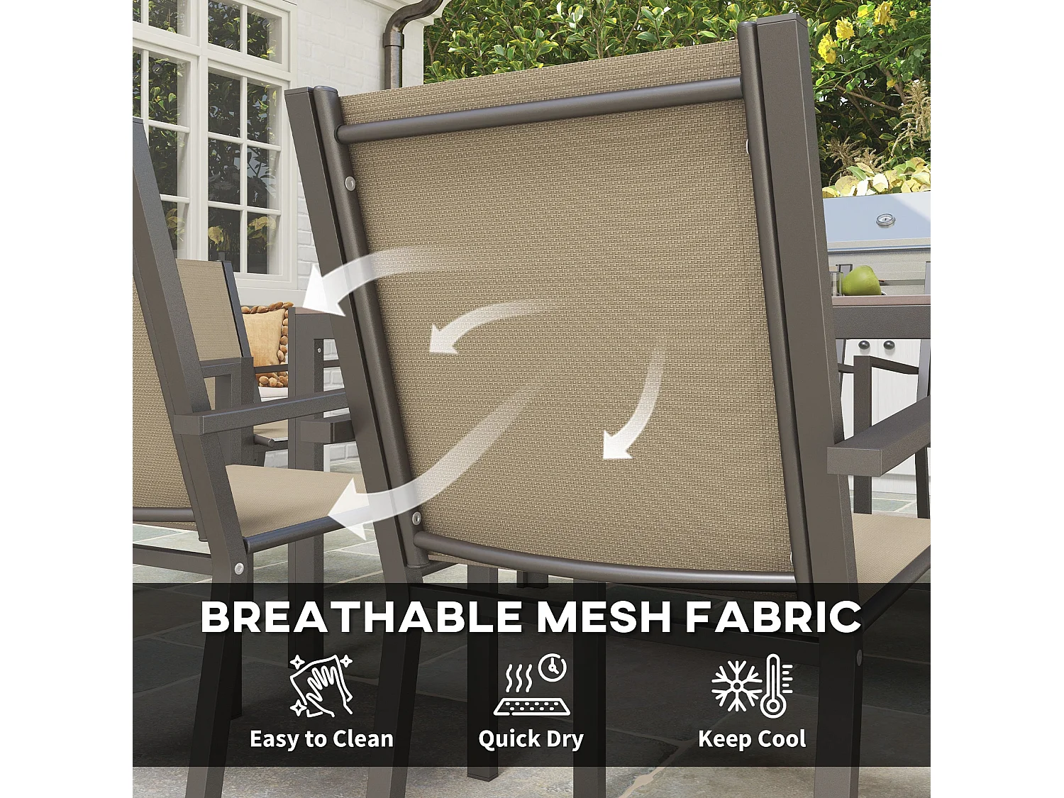 Basoli 6 Seater Garden Dining Set Khaki Mesh Chairs with Brown Rectangular Table