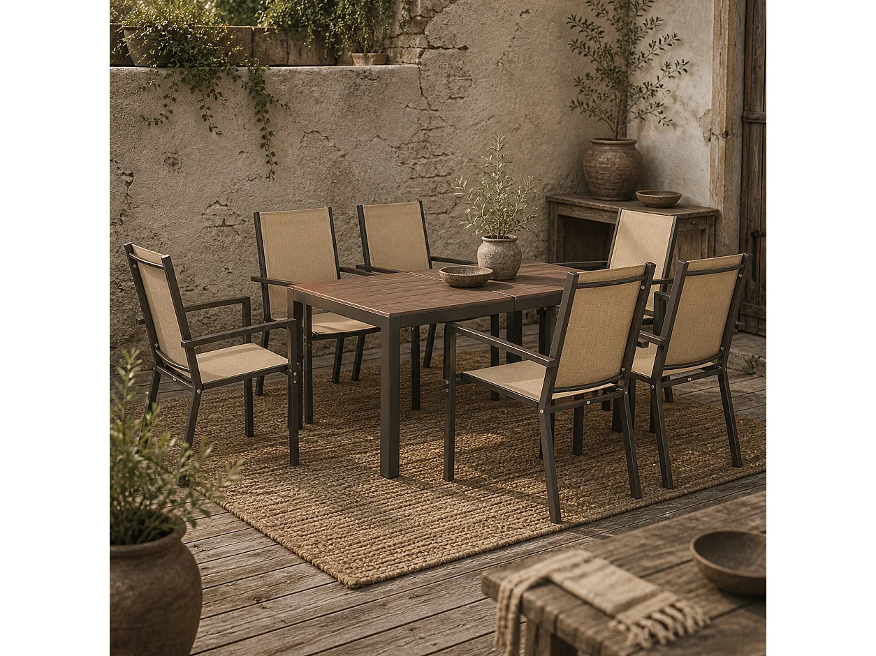 Basoli 6 Seater Garden Dining Set Khaki Mesh Chairs with Brown Rectangular Table