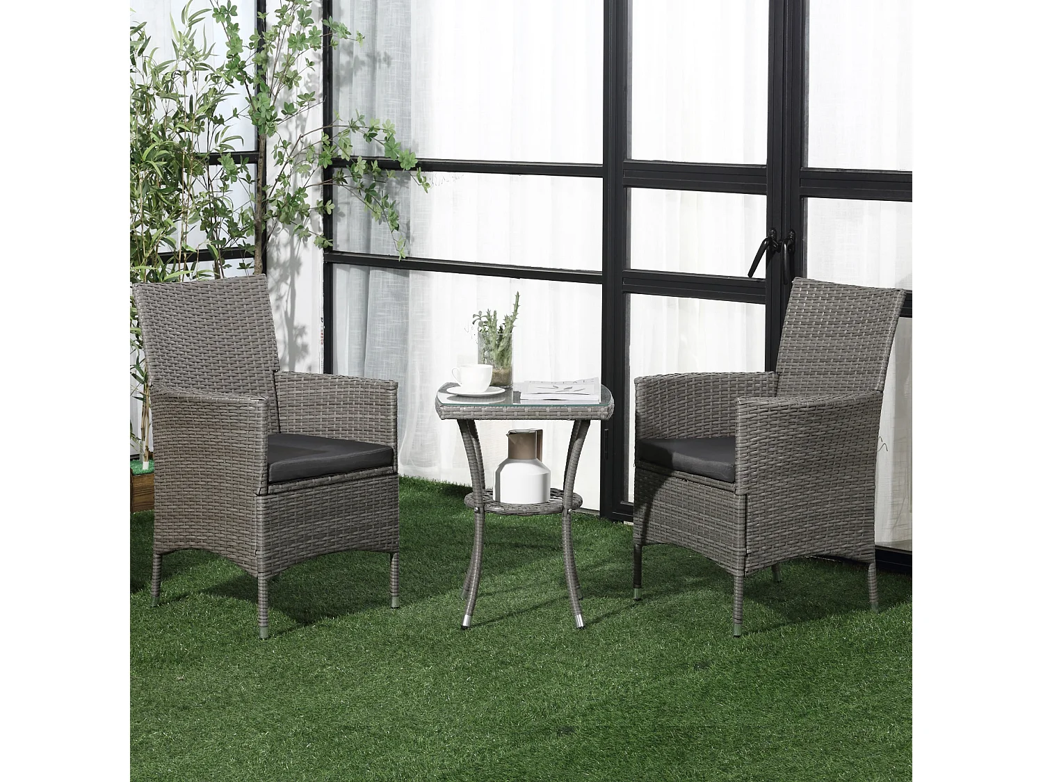 Ranoyo Ziba Grey 3 Piece Rattan Garden Bistro Set with 2 Tier Coffee Table