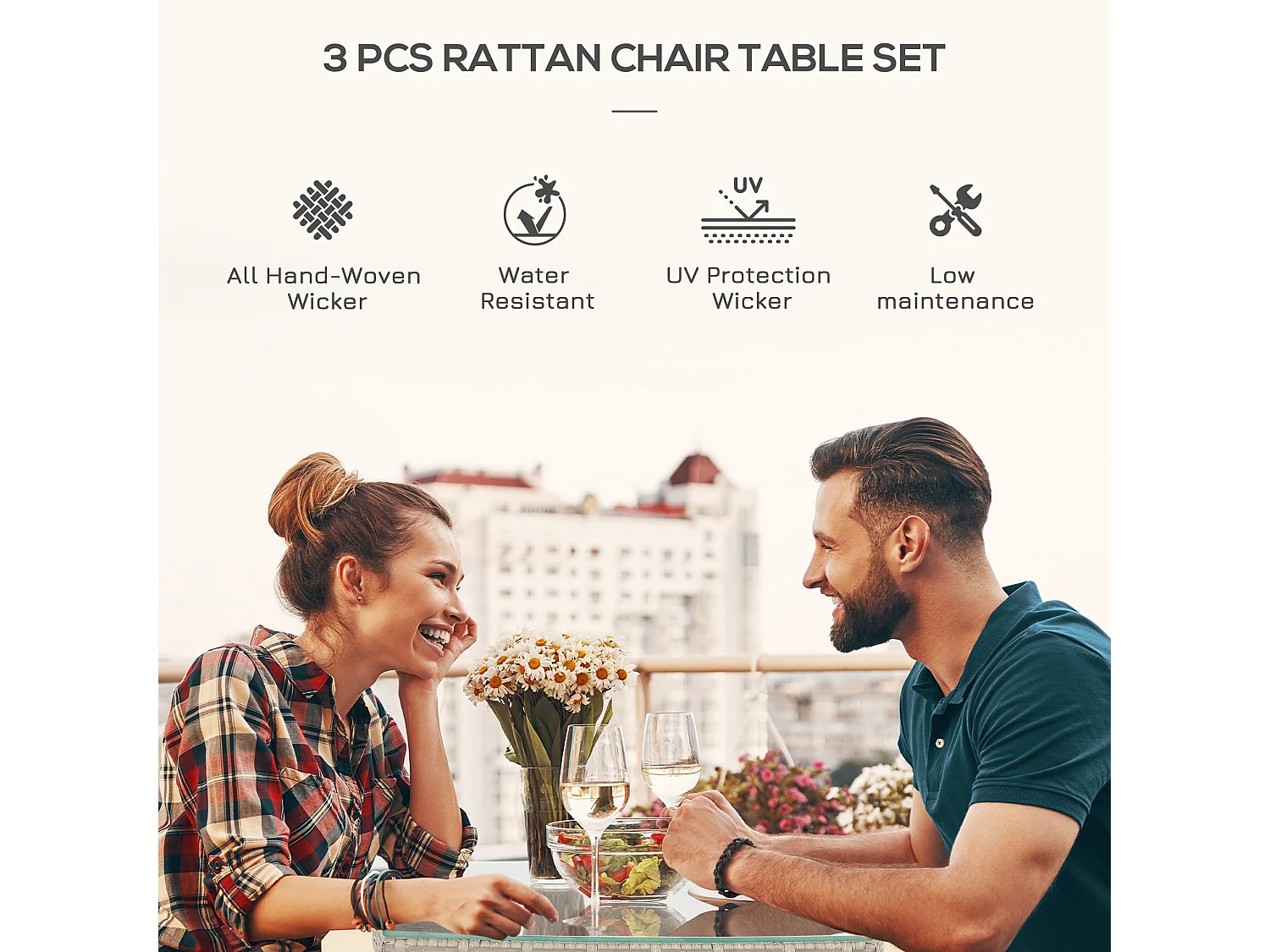 Ranoyo Ziba Grey 3 Piece Rattan Garden Bistro Set with 2 Tier Coffee Table