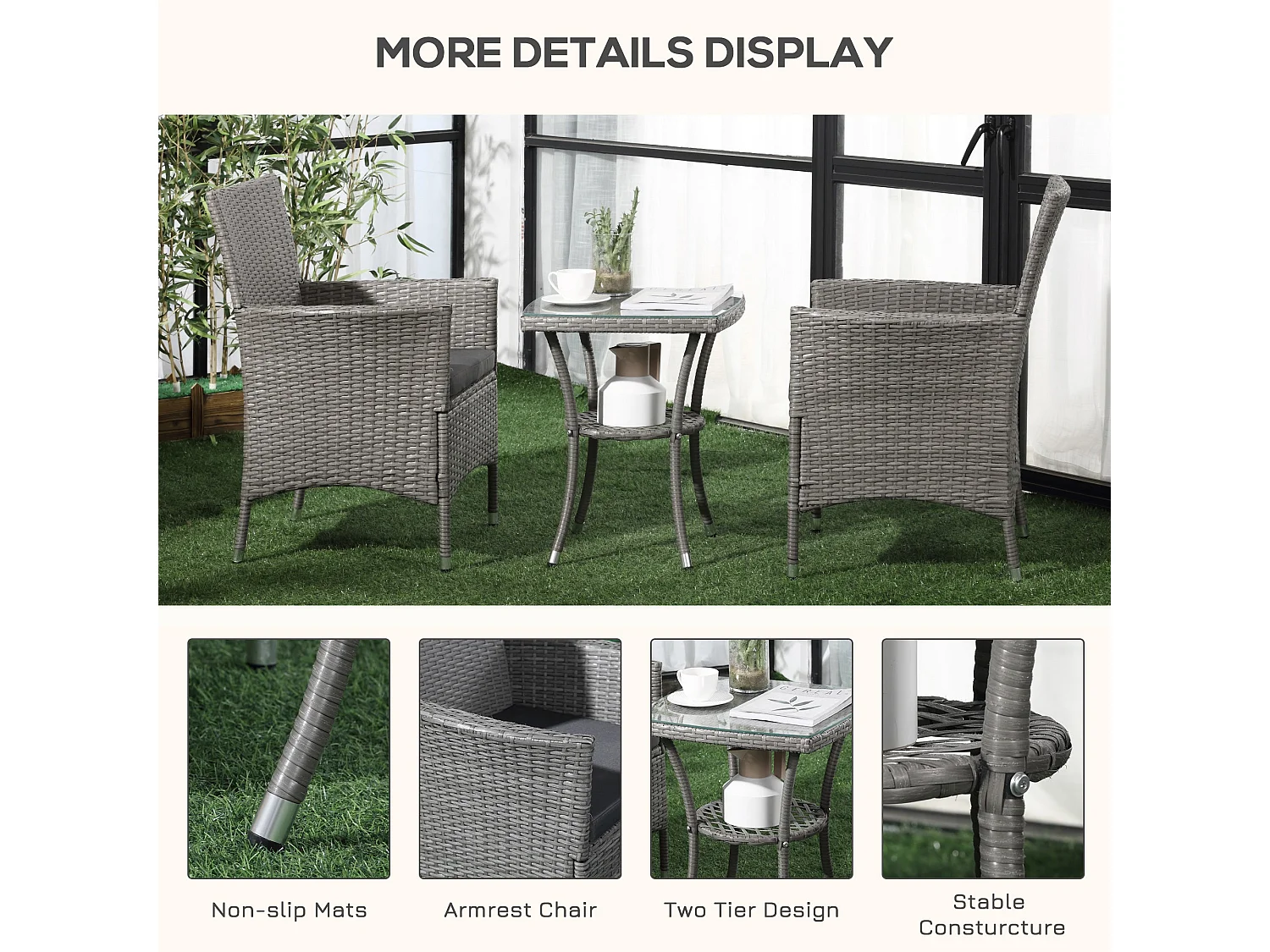 Ranoyo Ziba Grey 3 Piece Rattan Garden Bistro Set with 2 Tier Coffee Table